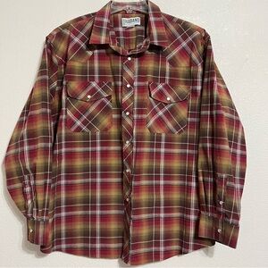 Haband Men’s Pearl Snap Long Sleeve Shirt Brown Red Plaid Size X Large
